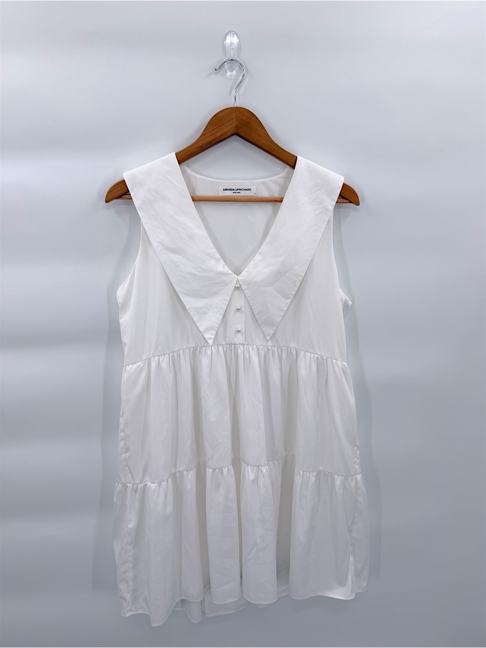Amanda Uprichard White Tiered Mini Dress M Oversized Collar Babydoll Coastal - Picture 3 of 12
